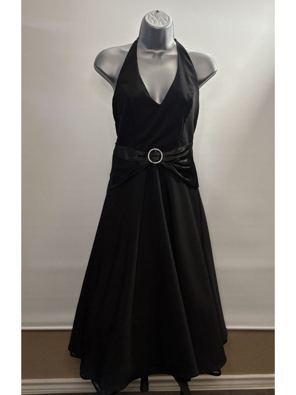 B. Darlin Black Halter Vintage Y2K Tie Back Satin Evening Dress Rhinestone Vneck - Picture 4 of 16
